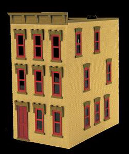 MTH 30-90377 O Scale Yellow Brick W/Red Shutters 3-Story Town House