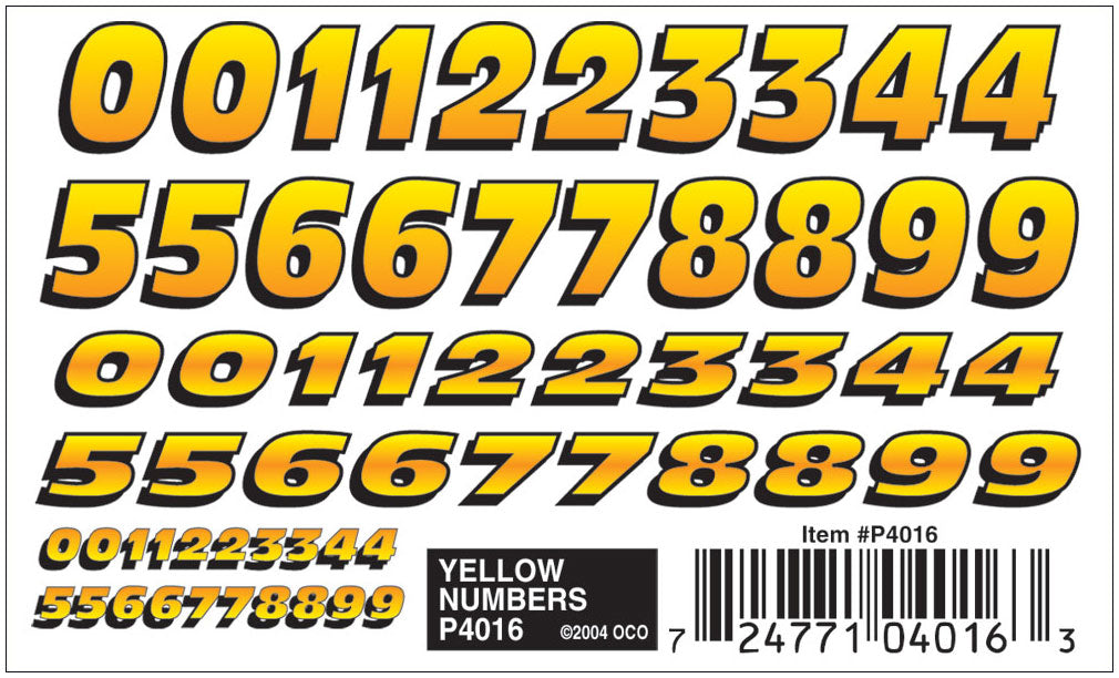 PineCar P4016 Yellow Numbers Dry Transfer Decals