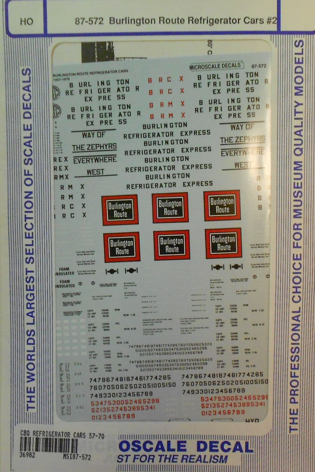 Microscale 87-572 HO Burlington Route Refrigerator Cars # 2 Decal Sheet