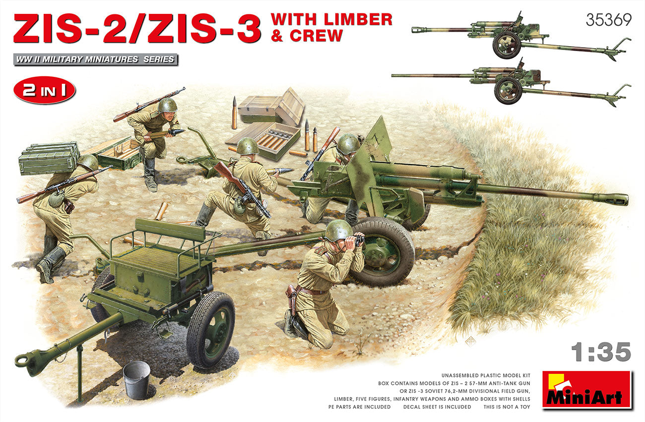 MiniArt 35369 1:35 WWII ZIS2/3 Gun with Limber & 5 Crew Military Artillery Kit