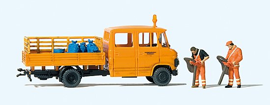 Preiser 33262 HO MB L 407 D Crew-Cab Low-Side Delivery Truck w/Workers Figures