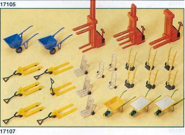 Preiser 17107 HO Scale Forklifts/Wheelbarrows/Etc. Plastic Model Kit (Set of 26)