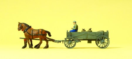 Preiser 30411 HO Farmer on Box Wagon with Horse Figures (Set of 3)