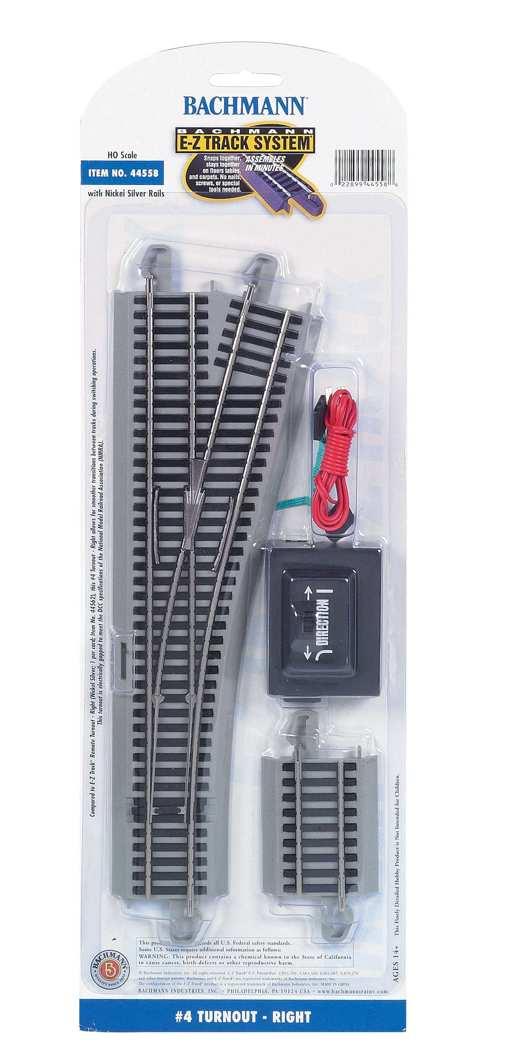Bachmann 44558 HO Nickel Silver #4 E-Z Track Right-Hand Remote Switch Turnout