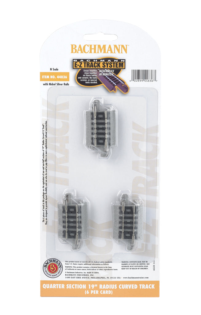 Bachmann 44836 N Nickel Silver 19" Radius Quarter Section Curved E-Z Track