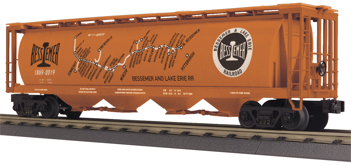 MTH 30-75536 O Bessemer & Lake Erie 4-Bay Cylindrical Covered Hopper #1869-2019