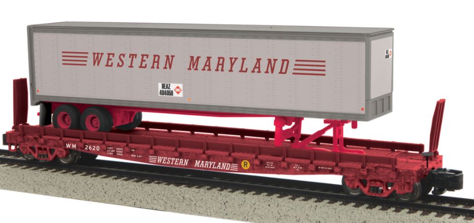 MTH 35-76006 S Western Maryland Flatcar with 48' Trailer (Smooth) #2620