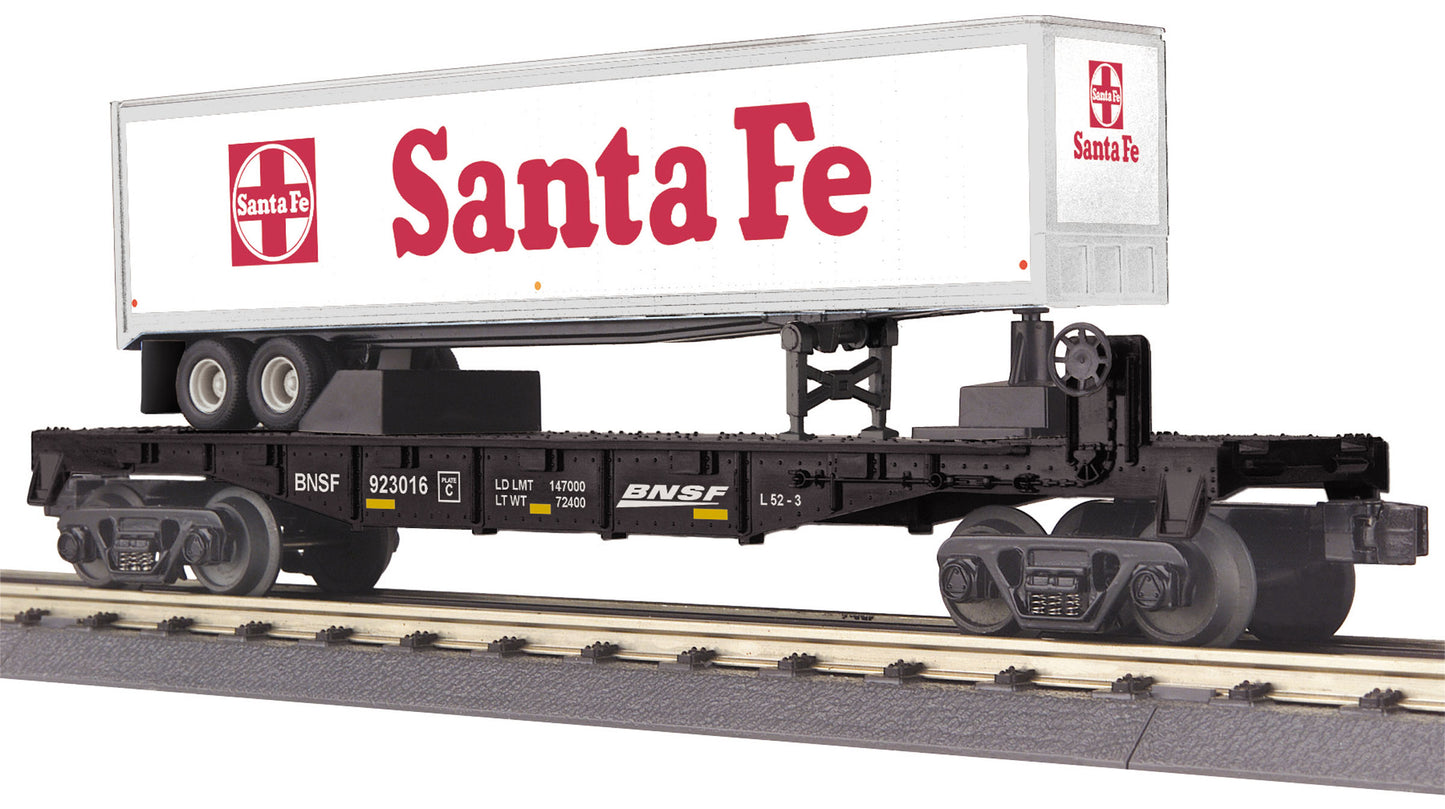 MTH 30-76657 O Gauge BNSF RailKing Flatcar with 40' Trailer