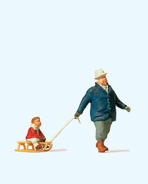 Preiser 28078 HO Scale Man Towing Sledge with Child Figure
