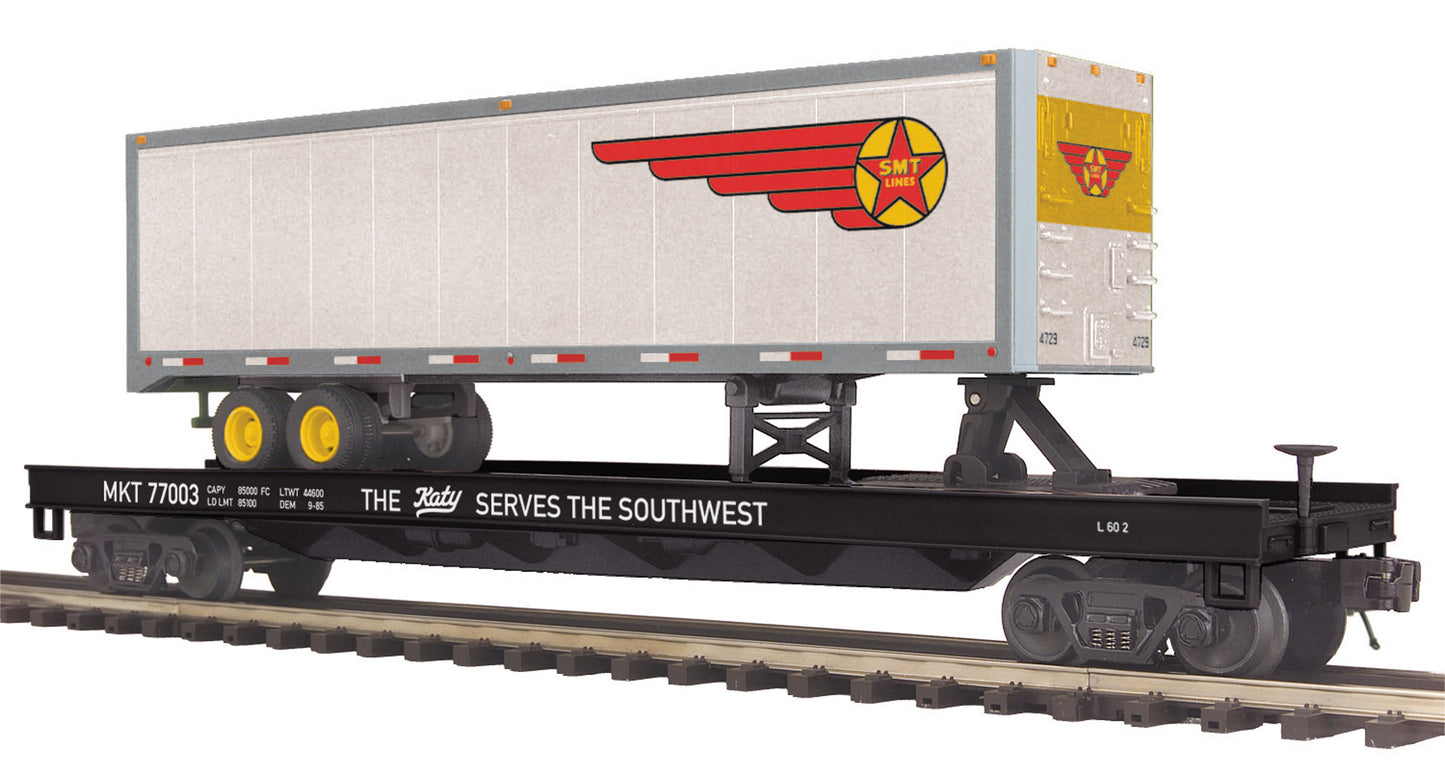 MTH 20-95215 O Missouri Kansas & Texas Railway Flat Car Black with 40’ Trailer