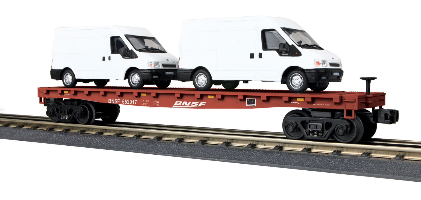 MTH 30-76676 O BNSF RailKing Flatcar with 2 Ford Transit Vans