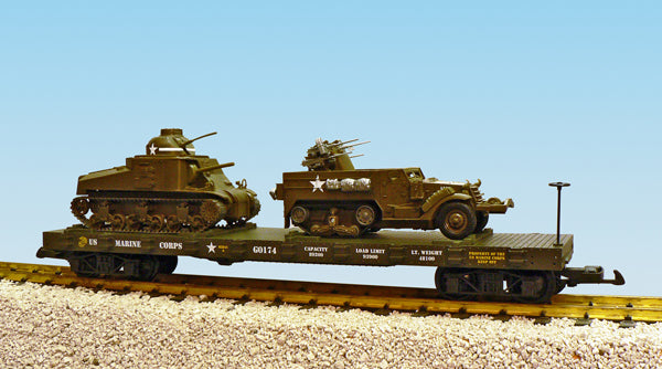 USA Trains R1794 G USMC Flat Car with M16 & M3 Lee Half Track Tanks #0174