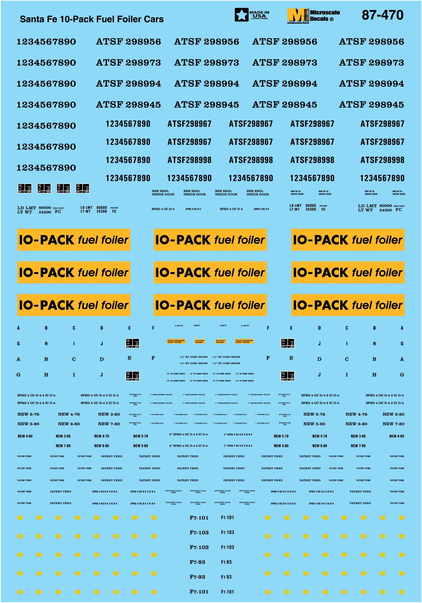 Microscale 60-470 N ATSF 10 Pack Fuel Foiler-Spine Car - 10-Platform Decal Sheet