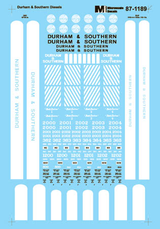 Microscale 60-1189 N Durham & Southern Diesel Hood Units Waterslide Decal Sheet
