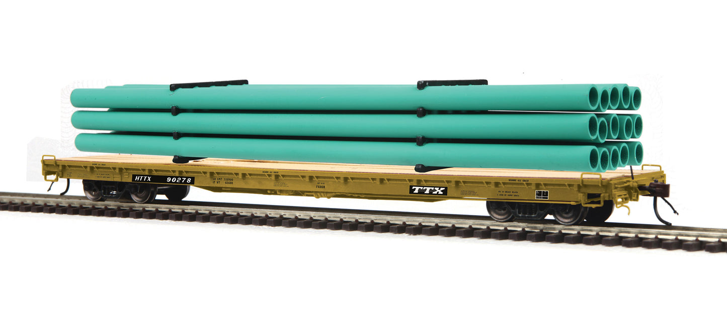 MTH 80-98046 HO TTX 60' Wood Deck Flat Car w/ Pipe Load Green Pipes #HTTX 90278
