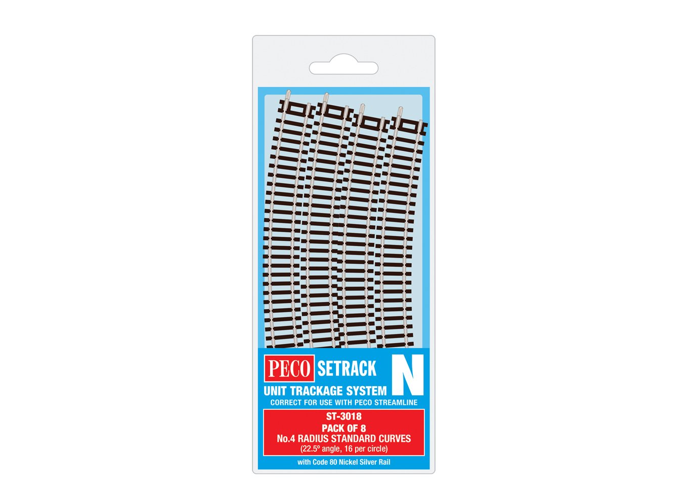 Peco ST-3018 N Code 80 4th Radius Standard Curve Tracks (Pack of 8)