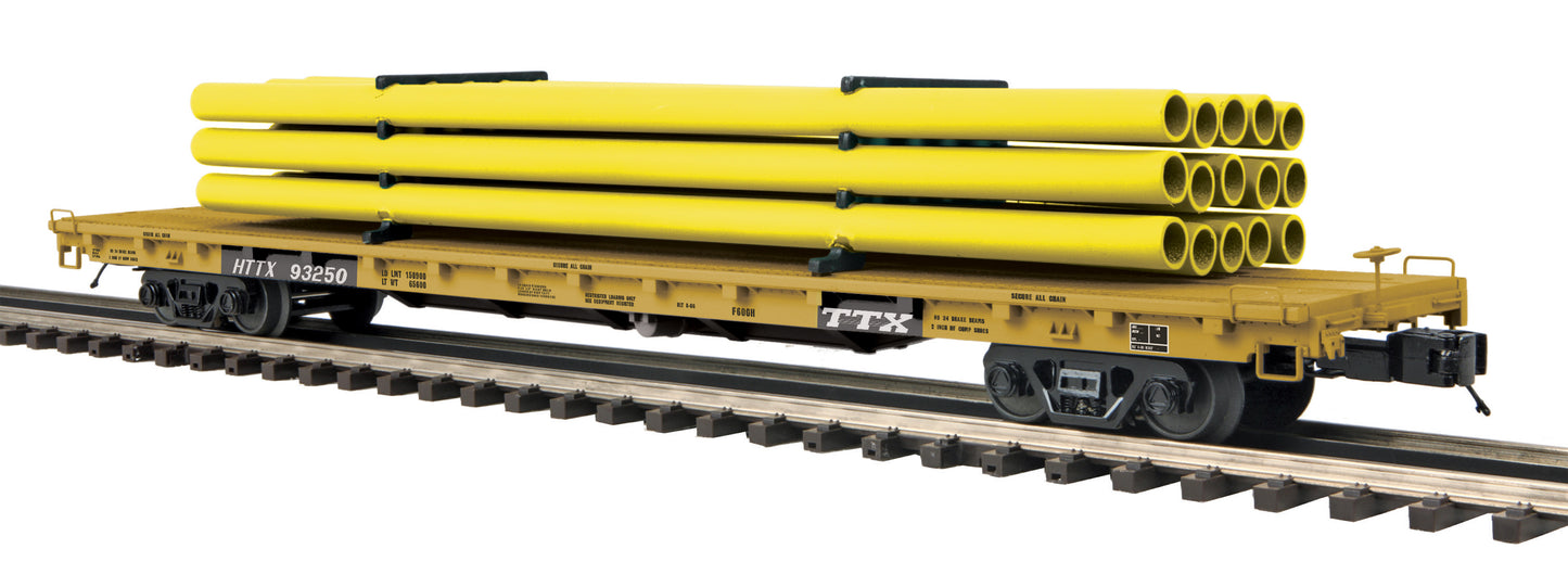 MTH 20-95325 O TTX 60' Flat Car with Pipe Load (Yellow) #93250, #93259