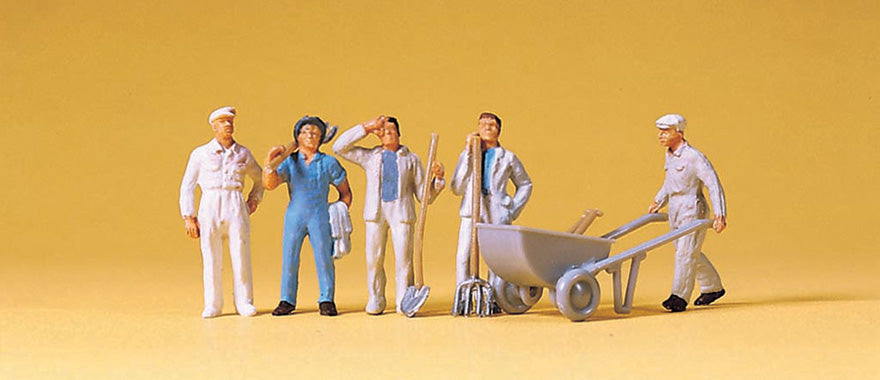 Preiser 14144 HO Construction Workers Figures with Wheel Barrow (Set of 5)