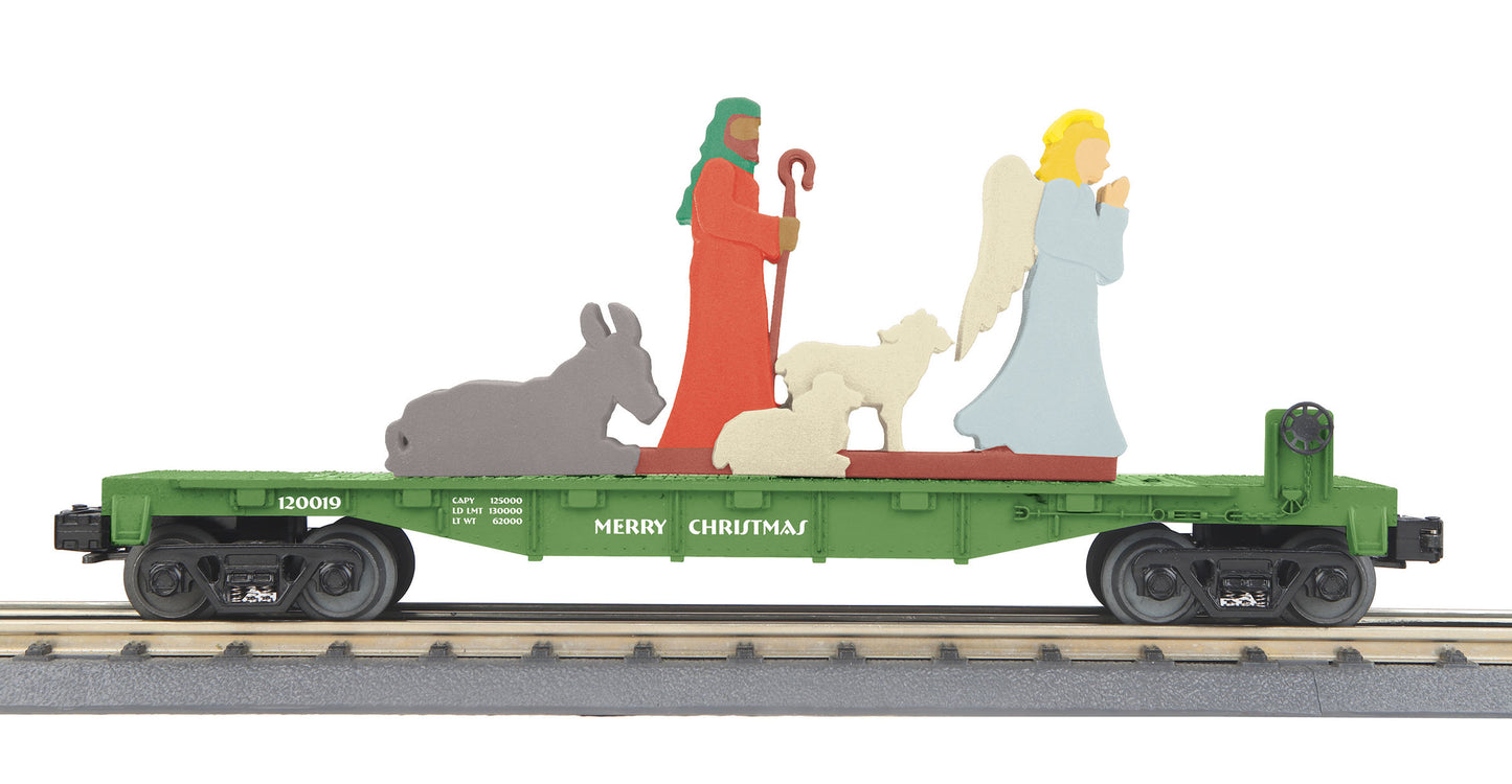 MTH 30-76786 O Christmas Green Flat Car with Lighted Shepherd Scene