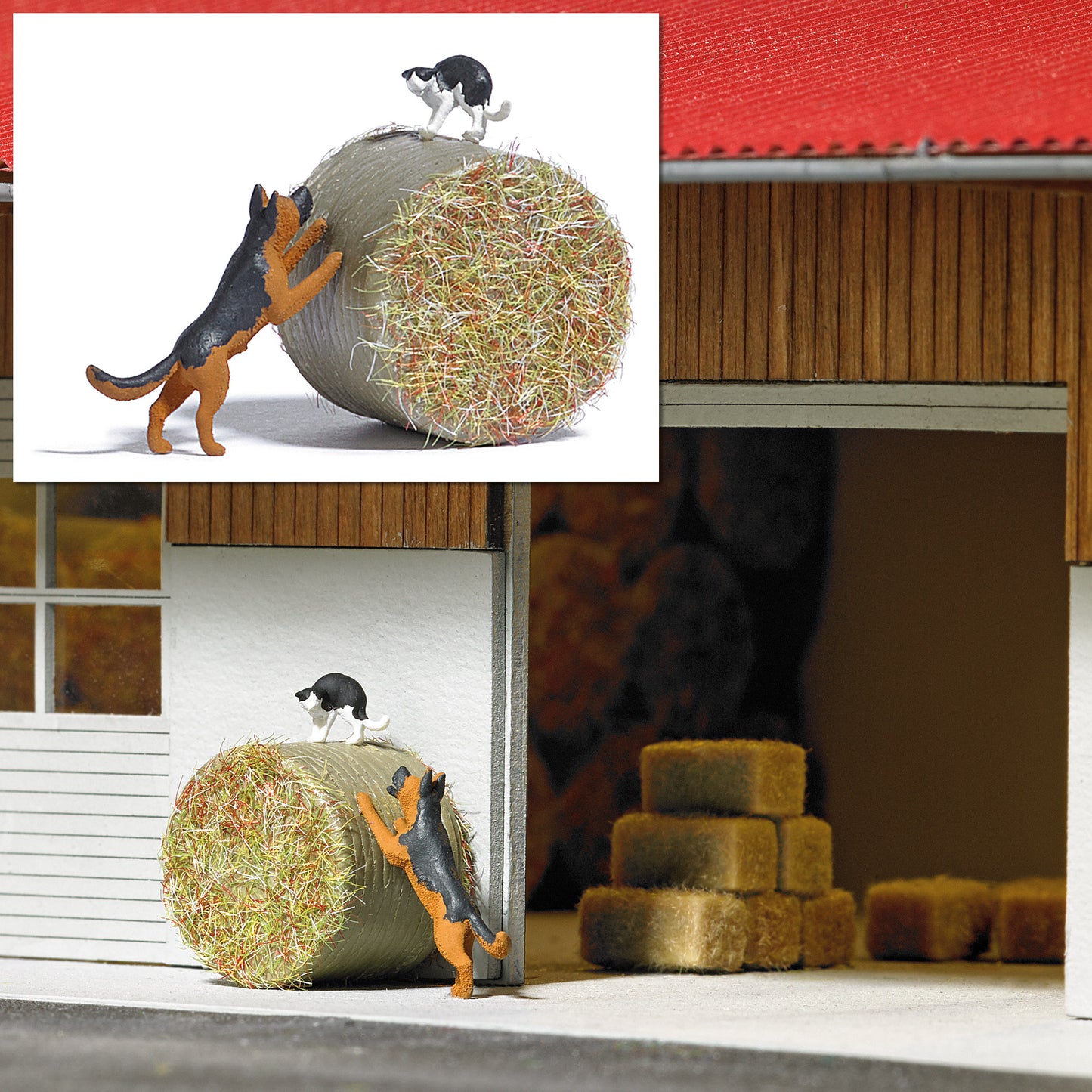 Busch 7920 HO Dog Chasing Cat on Hay Bale Figure Set