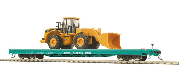 MTH 80-98012 Great Northern HO Scale 60' Wood Deck Flat Car w/950G Wheel Loader