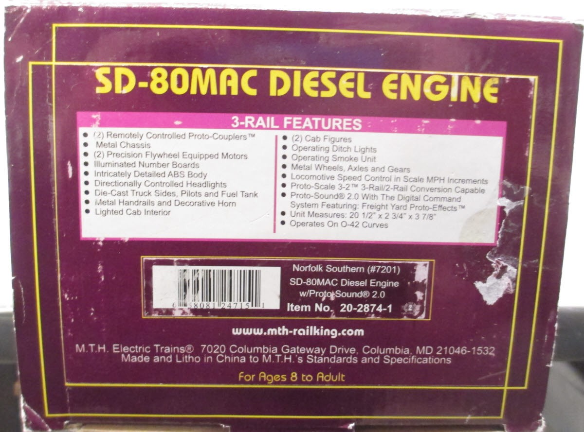 MTH 20-2874-1 Norfolk Southern SD-80MAC Diesel Engine with PS 2.0 #7212
