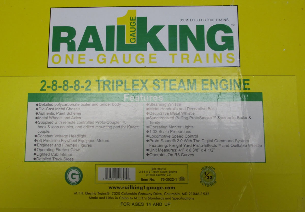 MTH 70-3022-1 G Scale Erie 2-8-8-8-2 Triplex Engine & Tender #5016