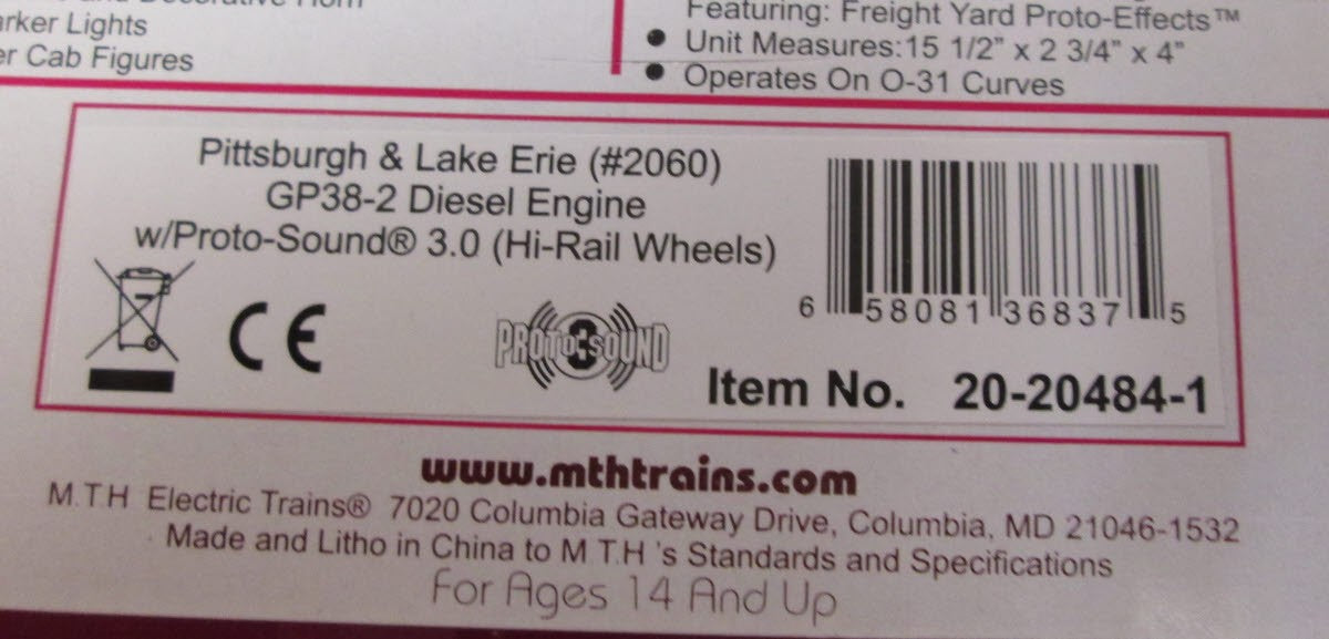 MTH 20204841 Pittsburgh & Lake Erie GP38-2 Diesel Engine w/PS3.0 #2060