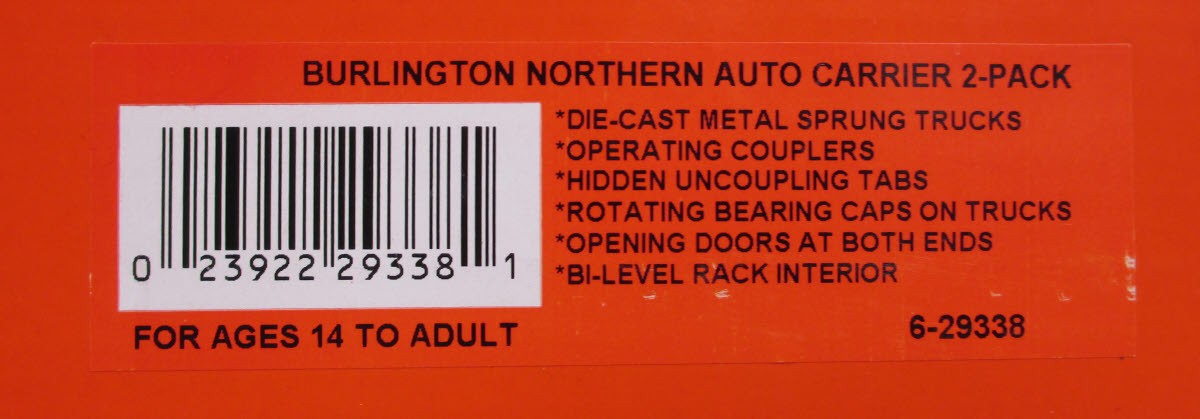 Lionel 6-29338 O Burlington Northern Autorack Cars (Set of 2)
