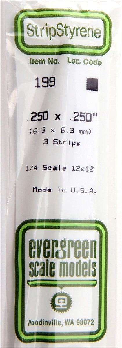 Evergreen Scale Models 199 .250" x .250" x 14" Polystyrene Strips (Pack of 3)