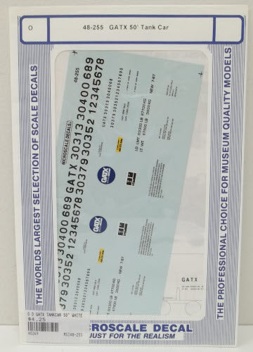 Microscale 48-255 O GATX 50' Tank Car Waterslide Decal Sheet