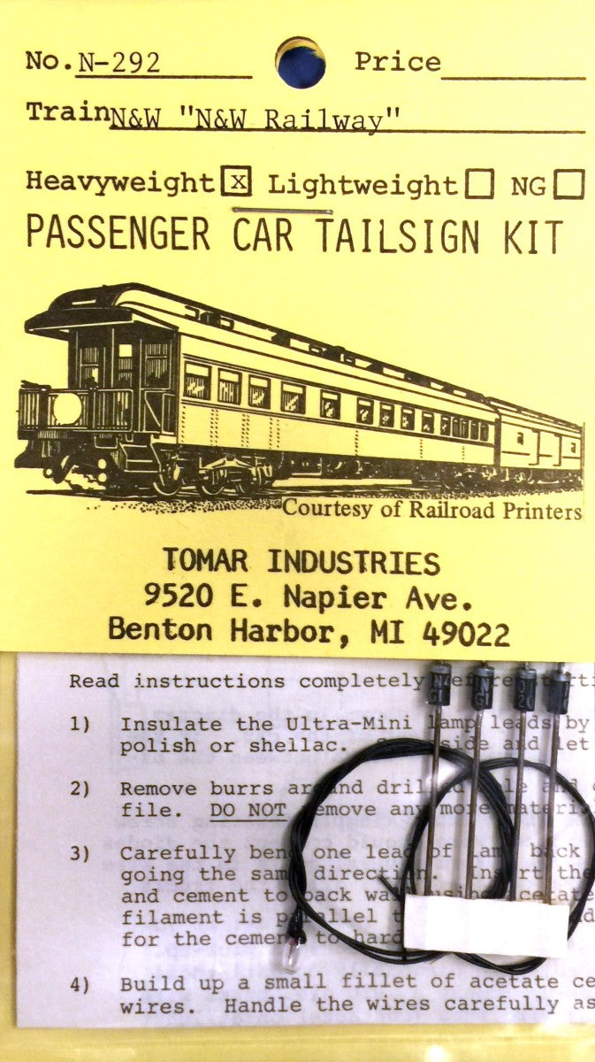 Tomar Industries N-292 N N&W Lightweight Passenger Car Tail Sign Kit