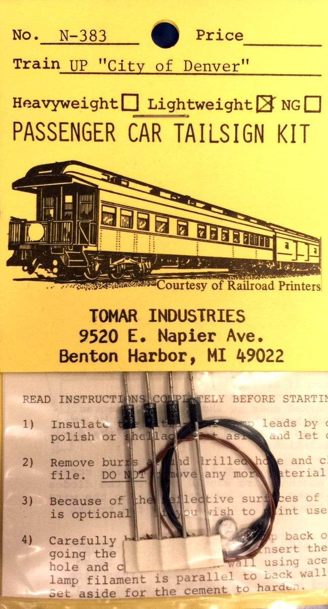 Tomar Industries N-383 N Scale UP "City of Denver" Lightweight Pass Tailsign Kit