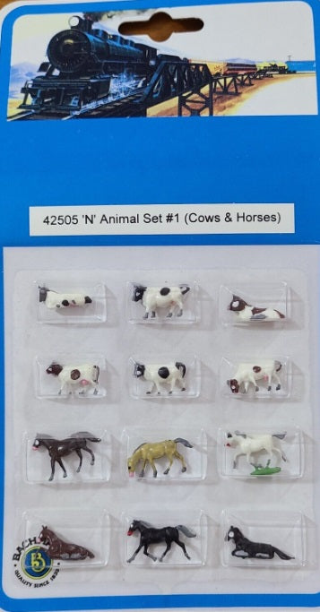 Bachmann 42505 N Scale Cows & Horses Animal Figures (Set of 12)