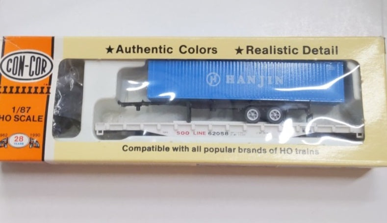 Con-Cor 0001-9181 HO SOO Line 54' Flatcar w/ Hanjin Containter