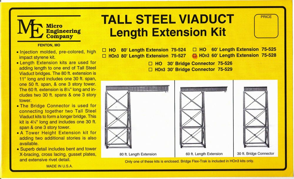 Micro Engineering 75-528 HOn3 60' Length Extension Tall Steel Viaduct Kit
