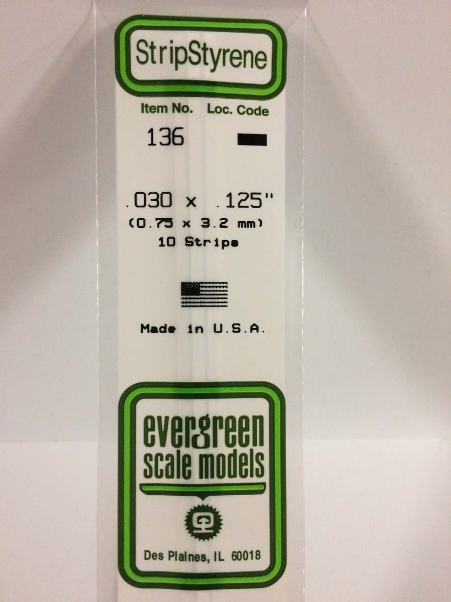 Evergreen Scale Models 136 .030" x .125" x 14" Polystyrene Strips (Pack of 10)
