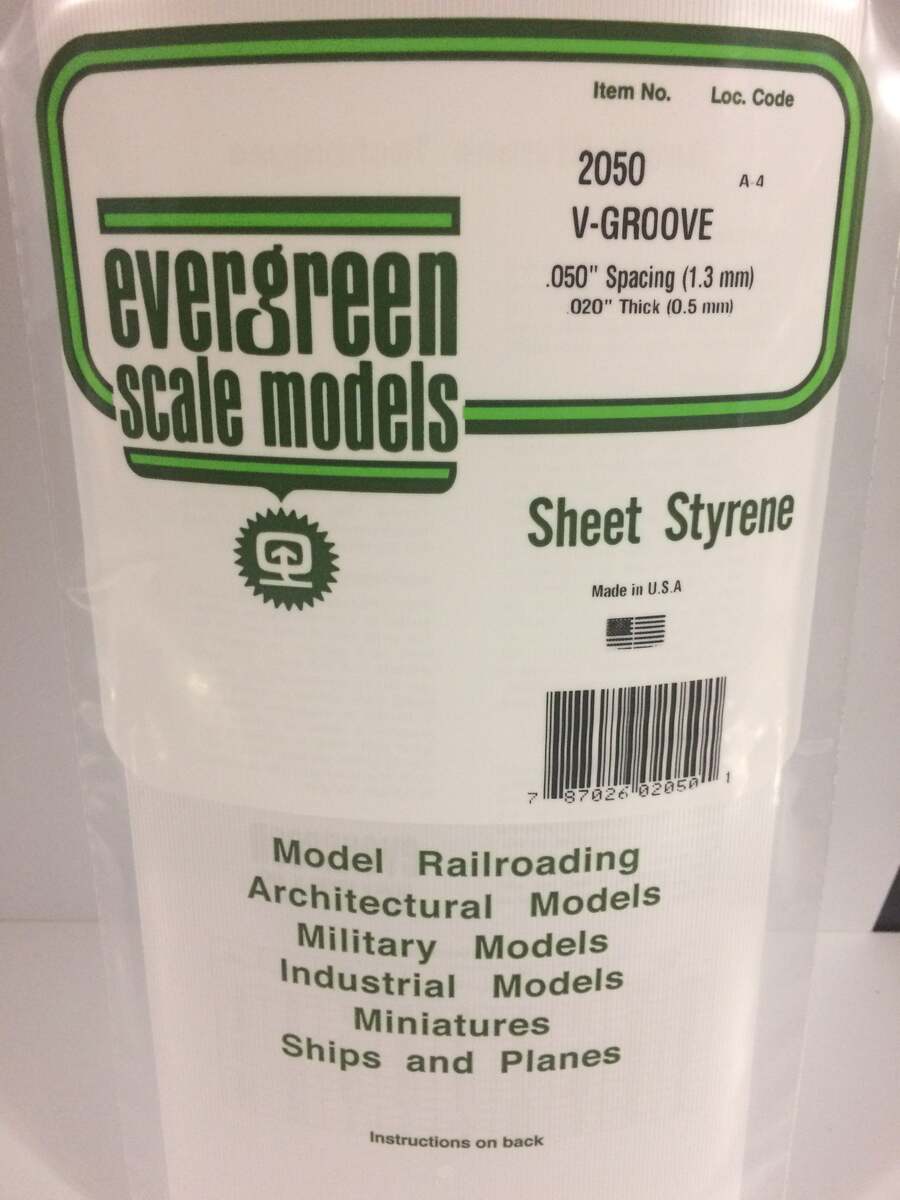 Evergreen Scale Models 2050 .050" x 6" x 12" Polystyrene V-Groove Siding
