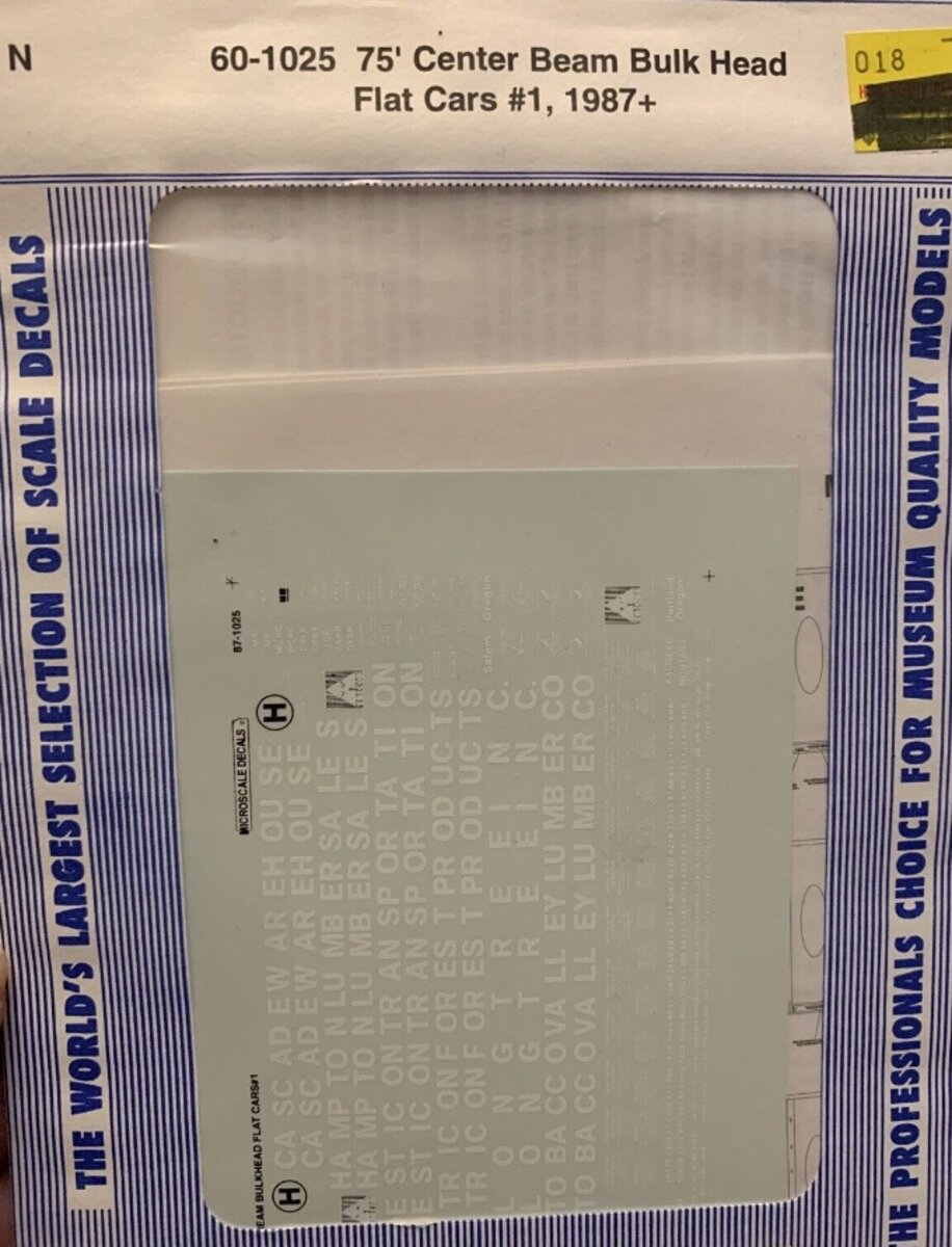Microscale 60-1025 N 1987+ 75' Center Beam Bulk Head Flat Cars #1 Decal Sheet