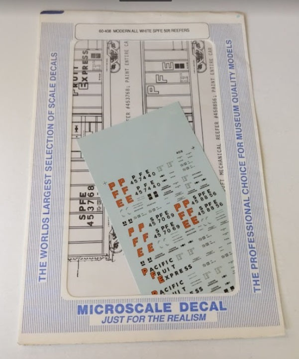 Microscale 60-408 N Modern All White SPFE 50 ' Reefers Waterslide Decal Sheet