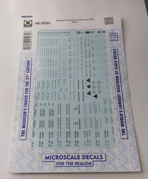 Microscale 48-5034 O Black Bathtub Gondola and Coalveyor Data Decal Sheet