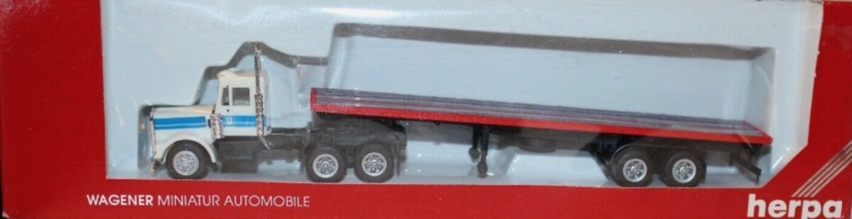 Herpa 6040 HO White Cab Wagener Miniature Golden Eagle Kenworth Flat Bed Trailer