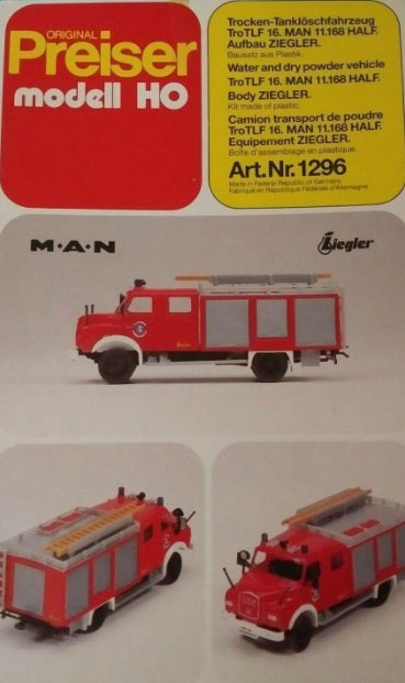 Preiser 1296 HO MAN 11.168 HALF Water & Dry Powder Vehicle Plastic Model Kit