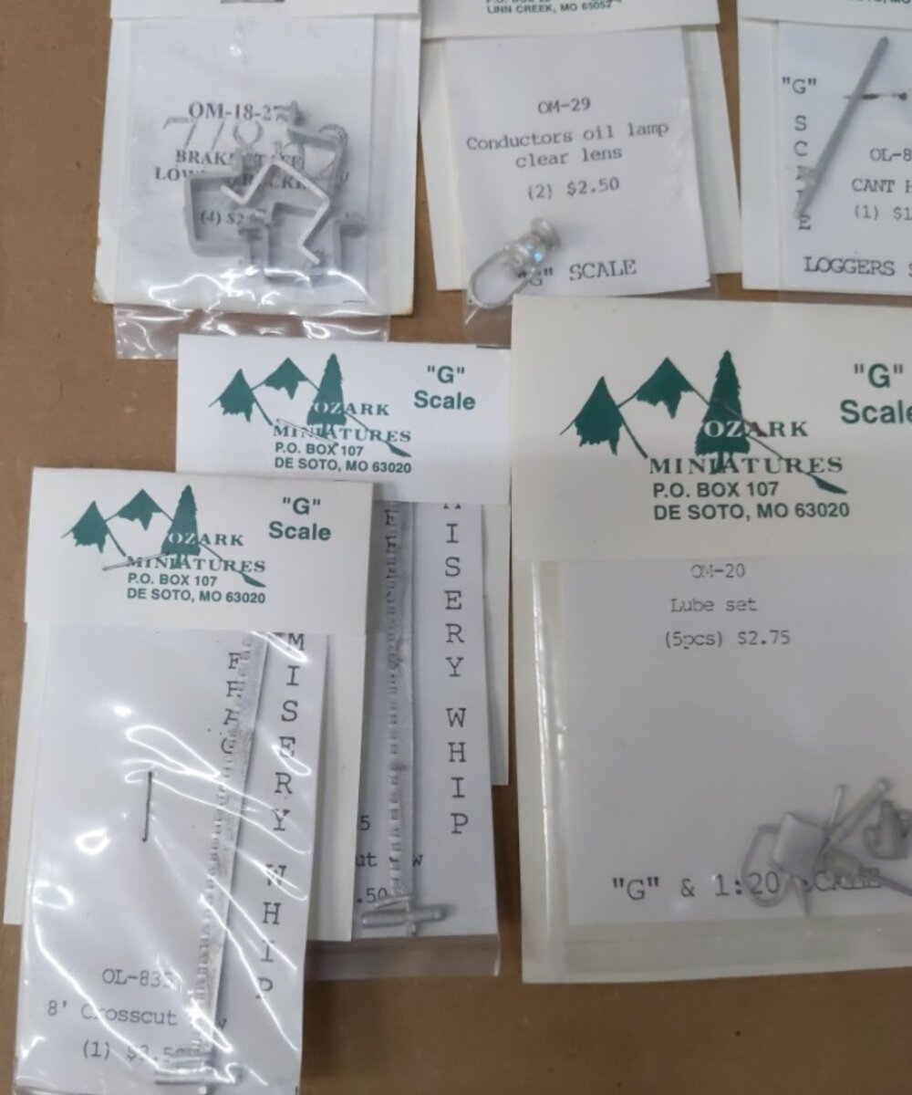 Ozark Miniatures L-1 Lot of 18 G Scale Logging, Parts, Bell, Lamp, Tools, ect