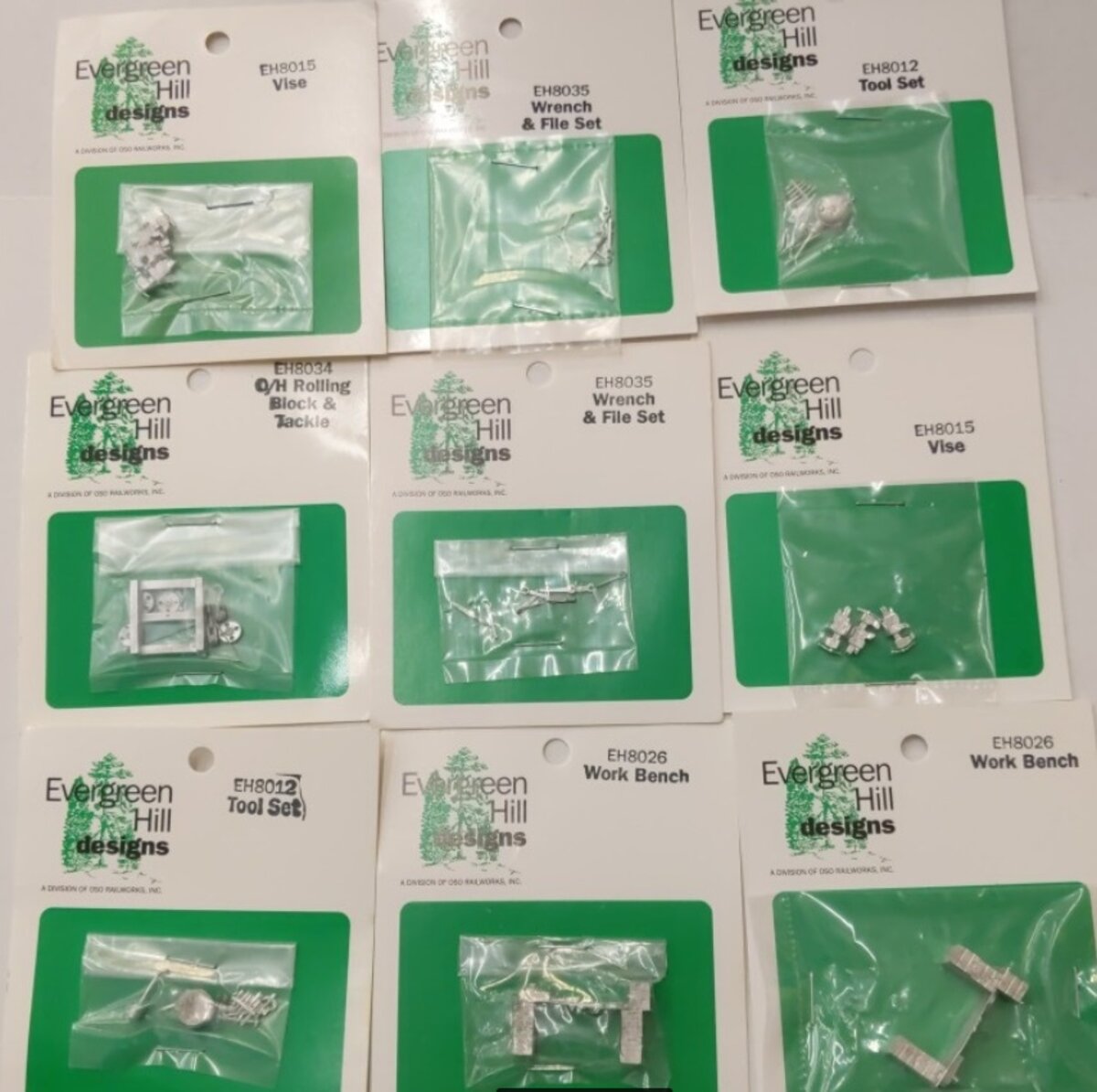 Evergreen Hill Lot of 9 O Scale Tool Sets, Work Bench, Vise, Ect
