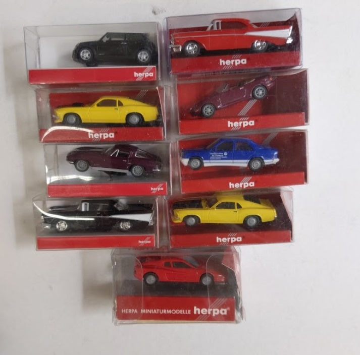 Herpa L-1 Lot of 9 HO Assorted Cars, Bel Air, Mini Cooper, Mustang, Mazda etc