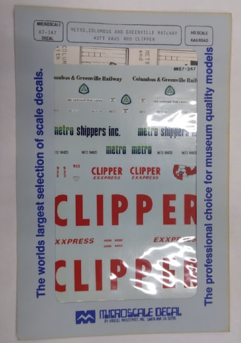 Microscale 87-347 HO Metro Columbus & Greenville 40'''' Vans & Clipper Decal She