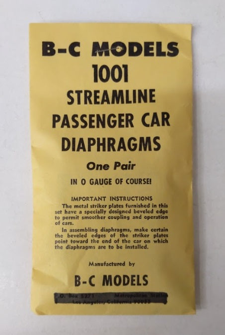 BC Models 1001 O Scale Streamline Passenger Car Diaphragms One Pair
