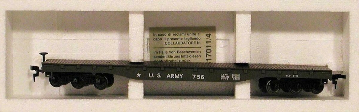 Roco 49011 HO 50' Heavy Duty Flat Car U.S. Army #756 – Trainz