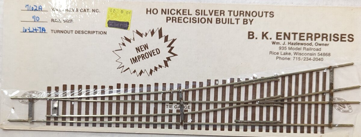 B.K. Enterprises 762A HO 70 Nickel Silver 6-LH-7A Switch Turnout